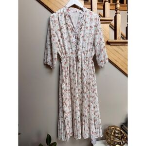 NWT Shineflow Women Floral Print Midi V Neck Dress L Pleated Cottgecore Milkmaid